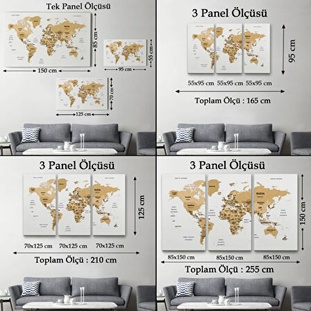 Ülke ve Başkentli Türkçe Dünya Haritası, Harita Dekoratif Kanvas Tablo, Duvar Dekoru 1548