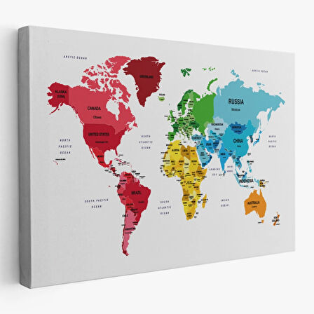 Ülke ve Başkentli İngilizce Dünya Haritası, Harita Dekoratif Kanvas Tablo, Duvar Dekoru 1553