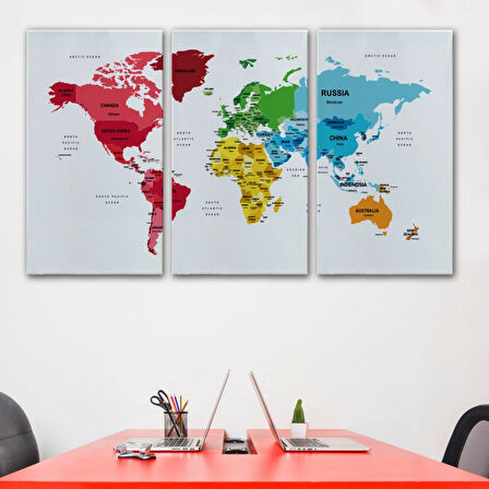 Ülke ve Başkentli İngilizce Dünya Haritası, Harita Dekoratif Kanvas Tablo, Duvar Dekoru 1553