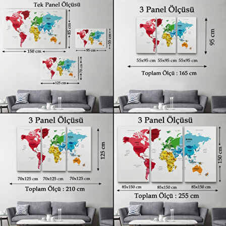 Ülke ve Başkentli İngilizce Dünya Haritası, Harita Dekoratif Kanvas Tablo, Duvar Dekoru 1553