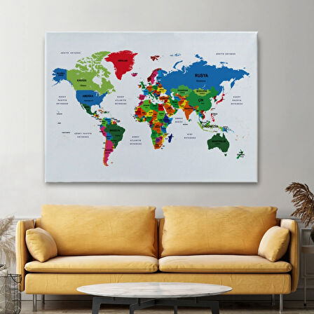 Ülke ve Başkentli Türkçe Dünya Haritası, Harita Dekoratif Kanvas Tablo, Duvar Dekoru 1556