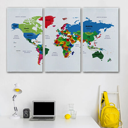 Ülke ve Başkentli Türkçe Dünya Haritası, Harita Dekoratif Kanvas Tablo, Duvar Dekoru 1556