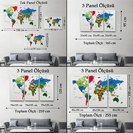 Ülke ve Başkentli Türkçe Dünya Haritası, Harita Dekoratif Kanvas Tablo, Duvar Dekoru 1556