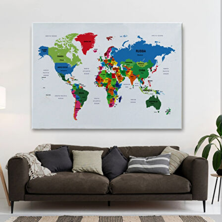 Ülke ve Başkentli İngilizce Dünya Haritası, Harita Dekoratif Kanvas Tablo, Duvar Dekoru 1557