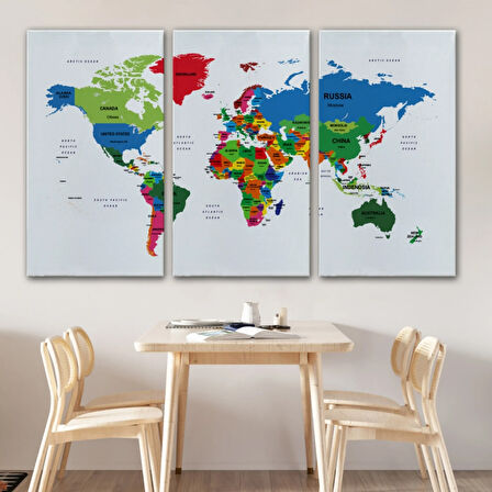 Ülke ve Başkentli İngilizce Dünya Haritası, Harita Dekoratif Kanvas Tablo, Duvar Dekoru 1557