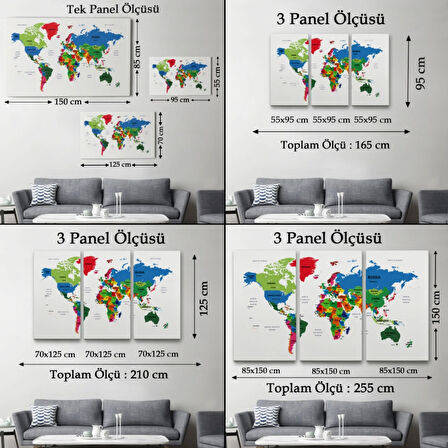 Ülke ve Başkentli İngilizce Dünya Haritası, Harita Dekoratif Kanvas Tablo, Duvar Dekoru 1557