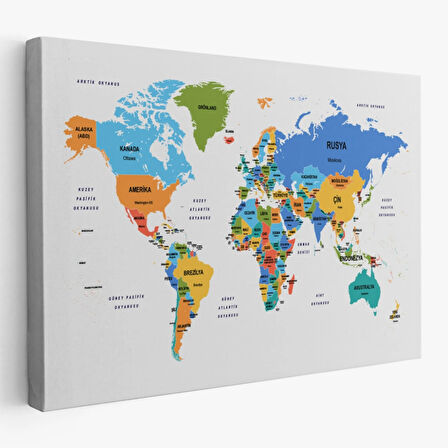 Ülke ve Başkentli Türkçe Dünya Haritası, Harita Dekoratif Kanvas Tablo, Duvar Dekoru 1560