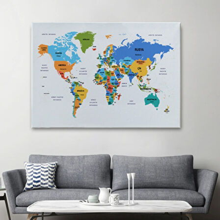 Ülke ve Başkentli Türkçe Dünya Haritası, Harita Dekoratif Kanvas Tablo, Duvar Dekoru 1560