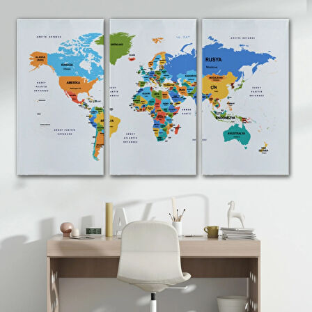 Ülke ve Başkentli Türkçe Dünya Haritası, Harita Dekoratif Kanvas Tablo, Duvar Dekoru 1560