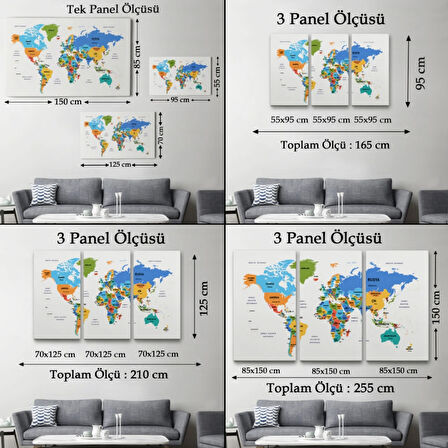 Ülke ve Başkentli Türkçe Dünya Haritası, Harita Dekoratif Kanvas Tablo, Duvar Dekoru 1560