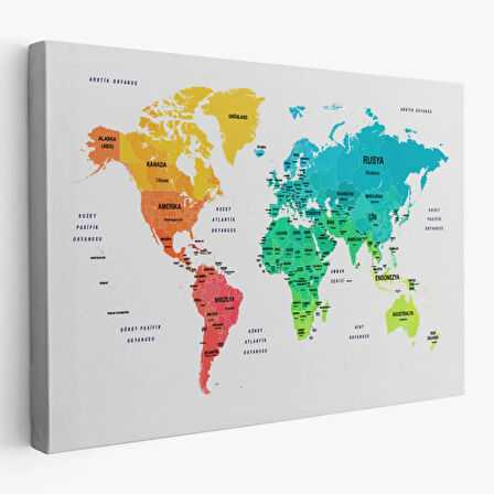 Ülke ve Başkentli Türkçe Dünya Haritası, Harita Dekoratif Kanvas Tablo, Duvar Dekoru 1562