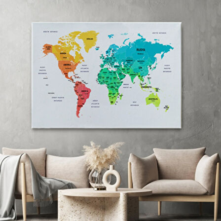 Ülke ve Başkentli Türkçe Dünya Haritası, Harita Dekoratif Kanvas Tablo, Duvar Dekoru 1562