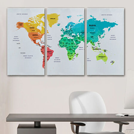 Ülke ve Başkentli Türkçe Dünya Haritası, Harita Dekoratif Kanvas Tablo, Duvar Dekoru 1562