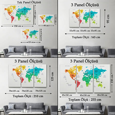 Ülke ve Başkentli Türkçe Dünya Haritası, Harita Dekoratif Kanvas Tablo, Duvar Dekoru 1562