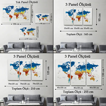 Detaylı ve Eğitici İngilizce Dünya Haritası, Harita Dekoratif Kanvas Tablo, Duvar Dekoru 1569