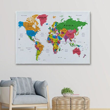 Detaylı ve Eğitici İngilizce Dünya Haritası, Harita Dekoratif Kanvas Tablo, Duvar Dekoru 1572