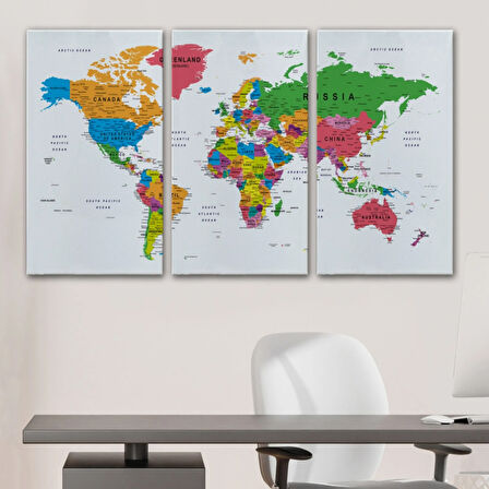 Detaylı ve Eğitici İngilizce Dünya Haritası, Harita Dekoratif Kanvas Tablo, Duvar Dekoru 1572