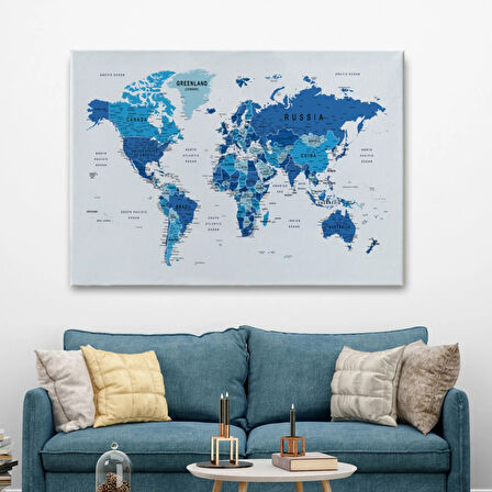 Detaylı ve Eğitici İngilizce Dünya Haritası, Harita Dekoratif Kanvas Tablo, Duvar Dekoru 1573