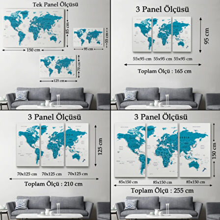 Detaylı ve Eğitici İngilizce Dünya Haritası, Harita Dekoratif Kanvas Tablo, Duvar Dekoru 1574