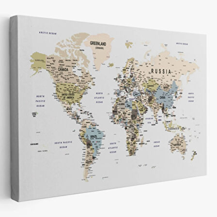 Detaylı Eğitici İngilizce Dünya Haritası Dekoratif Kanvas Tablo, Duvar Dekoru 1584