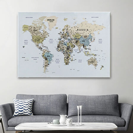 Detaylı Eğitici İngilizce Dünya Haritası Dekoratif Kanvas Tablo, Duvar Dekoru 1584