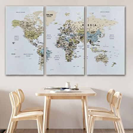 Detaylı Eğitici İngilizce Dünya Haritası Dekoratif Kanvas Tablo, Duvar Dekoru 1584