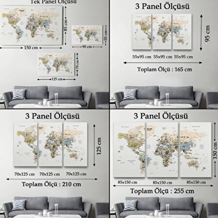 Detaylı Eğitici İngilizce Dünya Haritası Dekoratif Kanvas Tablo, Duvar Dekoru 1584