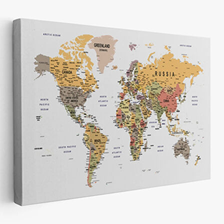 Detaylı ve Eğitici İngilizce Dünya Haritası, Harita Dekoratif Kanvas Tablo, Duvar Dekoru 1585