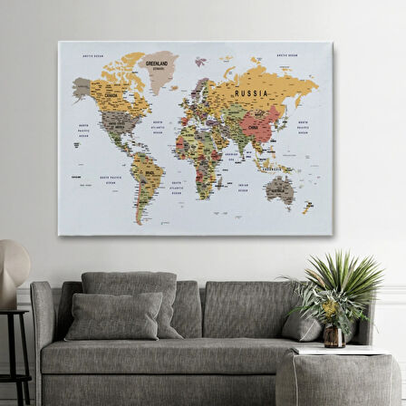 Detaylı ve Eğitici İngilizce Dünya Haritası, Harita Dekoratif Kanvas Tablo, Duvar Dekoru 1585