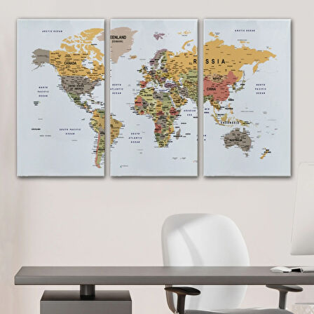 Detaylı ve Eğitici İngilizce Dünya Haritası, Harita Dekoratif Kanvas Tablo, Duvar Dekoru 1585