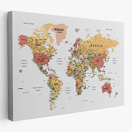 Detaylı ve Eğitici İngilizce Dünya Haritası, Harita Dekoratif Kanvas Tablo, Duvar Dekoru 1588