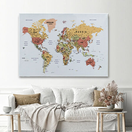 Detaylı ve Eğitici İngilizce Dünya Haritası, Harita Dekoratif Kanvas Tablo, Duvar Dekoru 1588