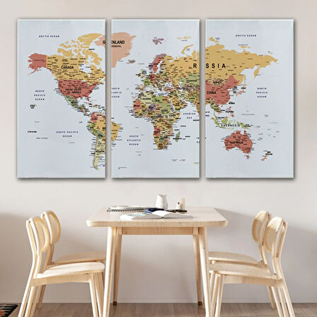 Detaylı ve Eğitici İngilizce Dünya Haritası, Harita Dekoratif Kanvas Tablo, Duvar Dekoru 1588