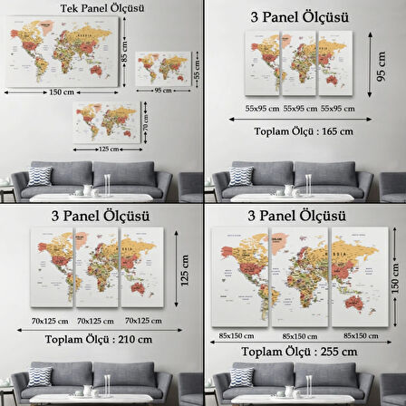 Detaylı ve Eğitici İngilizce Dünya Haritası, Harita Dekoratif Kanvas Tablo, Duvar Dekoru 1588