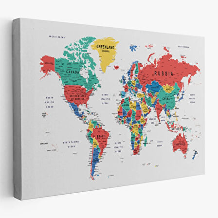 Detaylı ve Eğitici İngilizce Dünya Haritası, Harita Dekoratif Kanvas Tablo, Duvar Dekoru 1591