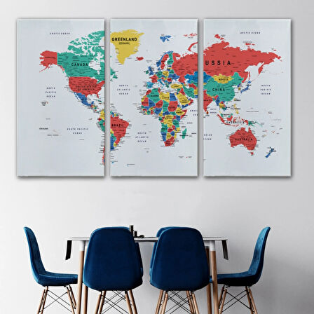 Detaylı ve Eğitici İngilizce Dünya Haritası, Harita Dekoratif Kanvas Tablo, Duvar Dekoru 1591