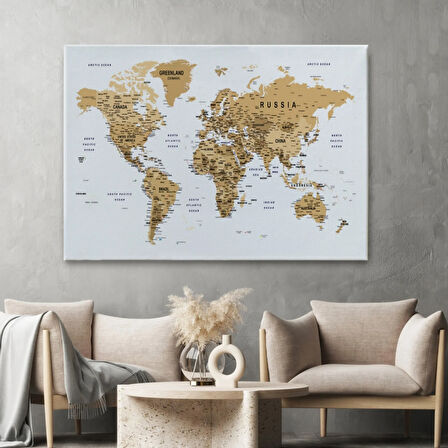 Detaylı ve Eğitici İngilizce Dünya Haritası, Harita Dekoratif Kanvas Tablo, Duvar Dekoru 1595