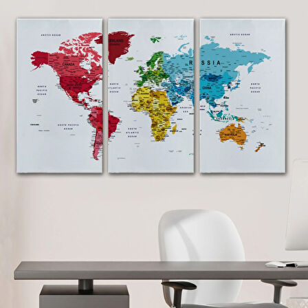 Detaylı ve Eğitici İngilizce Dünya Haritası, Harita Dekoratif Kanvas Tablo, Duvar Dekoru 1597