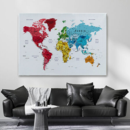 Detaylı ve Eğitici İngilizce Dünya Haritası, Harita Dekoratif Kanvas Tablo, Duvar Dekoru 1597