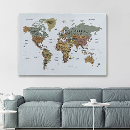 Detaylı ve Eğitici İngilizce Dünya Haritası, Harita Dekoratif Kanvas Tablo, Duvar Dekoru 1598