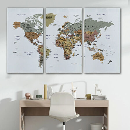 Detaylı ve Eğitici İngilizce Dünya Haritası, Harita Dekoratif Kanvas Tablo, Duvar Dekoru 1598