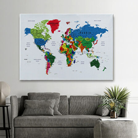 Detaylı ve Eğitici İngilizce Dünya Haritası, Harita Dekoratif Kanvas Tablo, Duvar Dekoru 1599