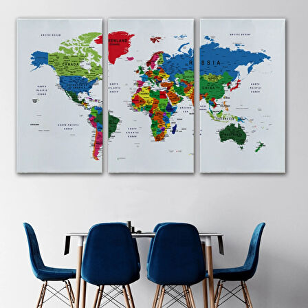 Detaylı ve Eğitici İngilizce Dünya Haritası, Harita Dekoratif Kanvas Tablo, Duvar Dekoru 1599