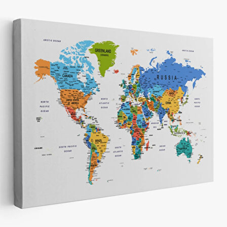 Detaylı ve Eğitici İngilizce Dünya Haritası, Harita Dekoratif Kanvas Tablo, Duvar Dekoru 1601