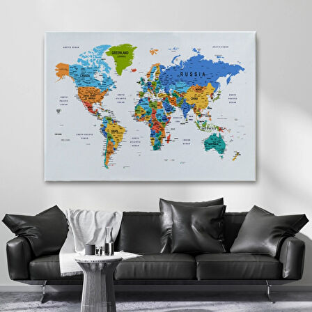 Detaylı ve Eğitici İngilizce Dünya Haritası, Harita Dekoratif Kanvas Tablo, Duvar Dekoru 1601