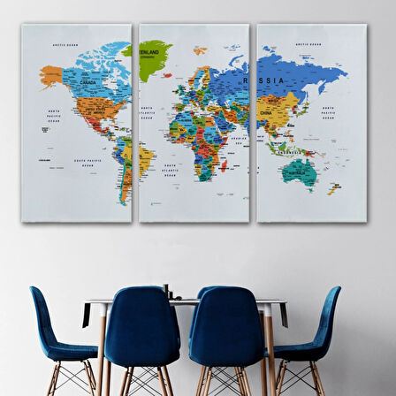 Detaylı ve Eğitici İngilizce Dünya Haritası, Harita Dekoratif Kanvas Tablo, Duvar Dekoru 1601