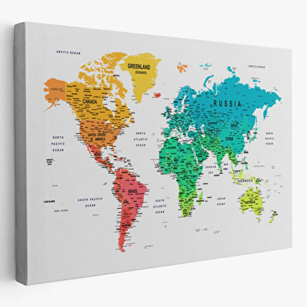 Detaylı ve Eğitici İngilizce Dünya Haritası, Harita Dekoratif Kanvas Tablo, Duvar Dekoru 1602
