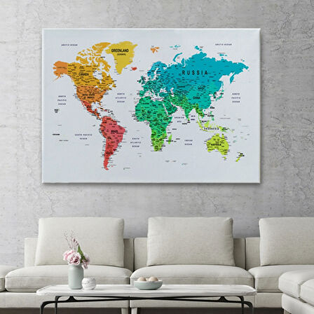 Detaylı ve Eğitici İngilizce Dünya Haritası, Harita Dekoratif Kanvas Tablo, Duvar Dekoru 1602