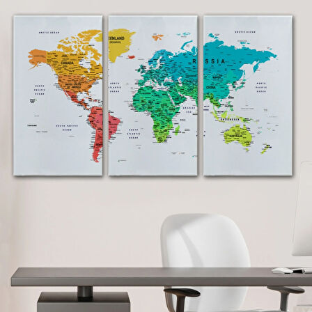 Detaylı ve Eğitici İngilizce Dünya Haritası, Harita Dekoratif Kanvas Tablo, Duvar Dekoru 1602