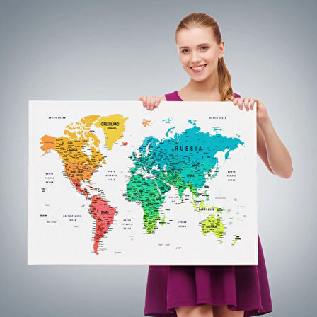 Detaylı ve Eğitici İngilizce Dünya Haritası, Harita Dekoratif Kanvas Tablo, Duvar Dekoru 1602